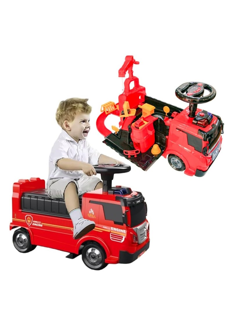 UKR 2-in-1 Ride-On Fire Truck Playset – Red | Toddler Push Car with Steering Wheel, Interactive Sounds, Crane & 4 Toy Cars | Fire Engine & Traffic Playset for Kids
