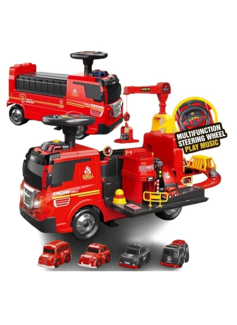 UKR 2-in-1 Ride-On Fire Truck Playset – Red | Toddler Push Car with Steering Wheel, Interactive Sounds, Crane & 4 Toy Cars | Fire Engine & Traffic Playset for Kids