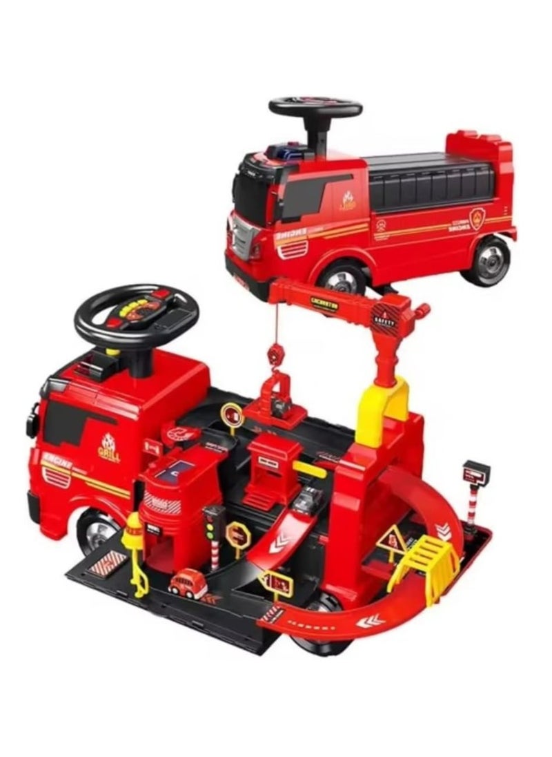 UKR 2-in-1 Ride-On Fire Truck Playset – Red | Toddler Push Car with Steering Wheel, Interactive Sounds, Crane & 4 Toy Cars | Fire Engine & Traffic Playset for Kids