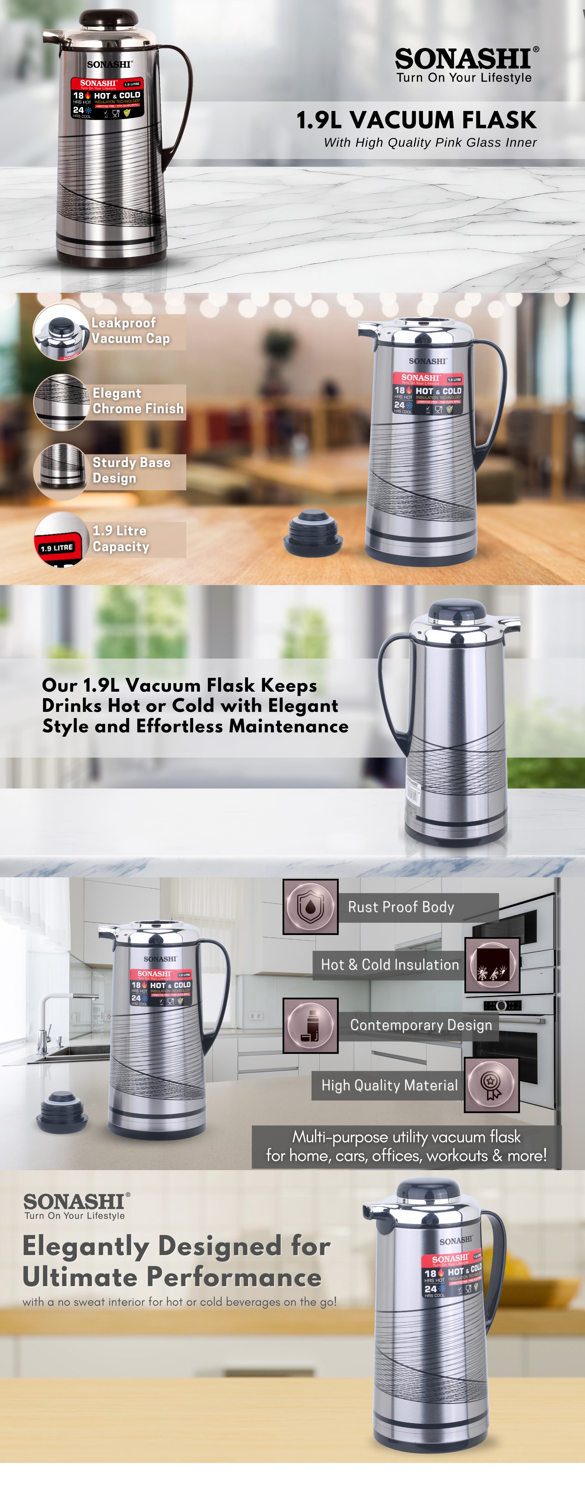 1.9L Vacuum Flask for Hot & Cold Beverages | Portable Thermos for Keeping Hot/Cold 18 & 24 Hours Retention | Easy to Clean | Ideal for Outings | Thermos/Vacuum Flask SVF-1900
