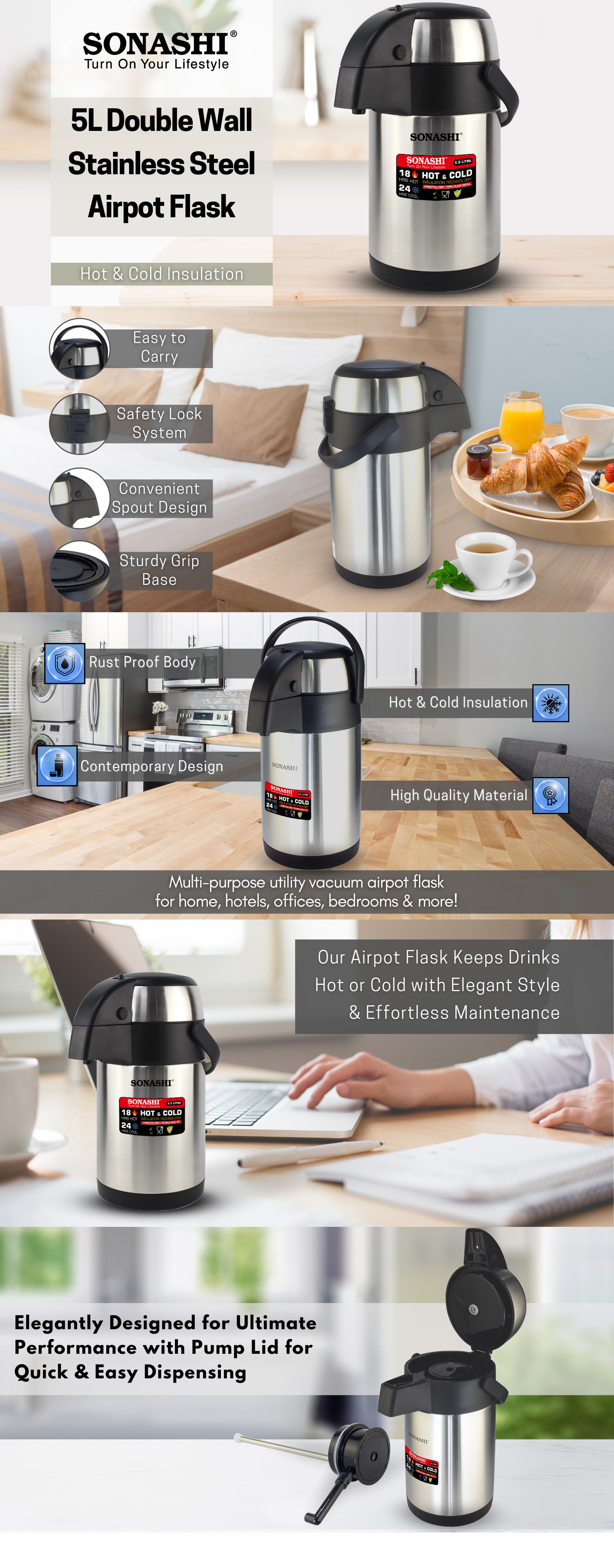 5L Hot & Cold Airpot Flask with High-Quality Stainless Steel Insulation | Easy to Clean Flask with Pump Lid | Hot/Cold 18 & 24 Hours Retention | Pump Flask for Cold Drinks, Tea, Coffee SVF-5000