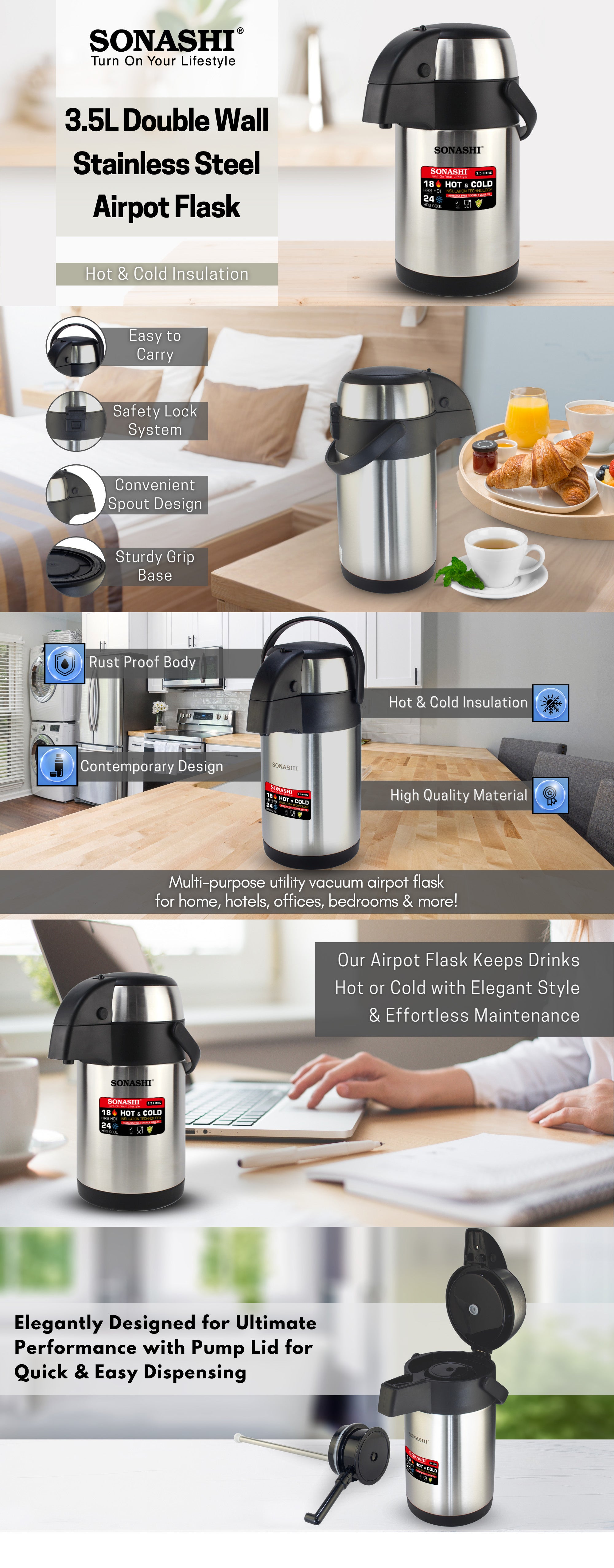 3.5L Hot & Cold Airpot Flask with High-Quality Stainless Steel Insulation | Easy to Clean Flask with Pump Lid | Hot/Cold 18 & 24 Hours Retention | Pump Flask for Cold Drinks, Tea, Coffee SVF-3500