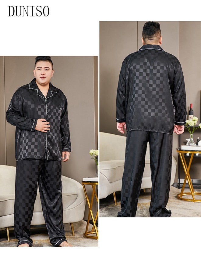 2-piece Extra Large Men' s Pajama Set Silk Satin Long Sleeve Sleepwear with Button Classic Loungewear Nightwear Notch Neck Shirt and Waist Elastic Pants Pajama for Chubby Men