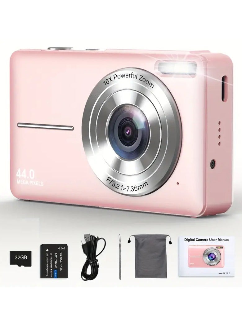Digital Camera, FHD 1080P Kids Camera, 44MP Point and Shoot Digital Cameras with 32GB Memory Card and Two Batteries, 16X Zoom , Lanyard, Compact Size Camera, Gift for Boys/Girls (Pink)