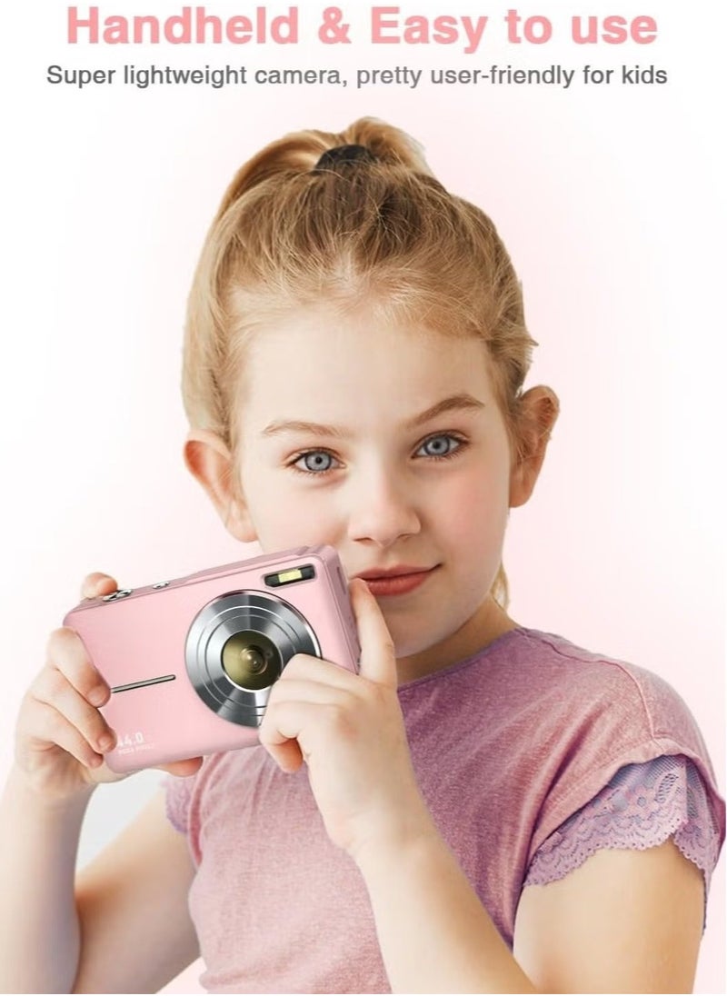 Digital Camera, FHD 1080P Kids Camera, 44MP Point and Shoot Digital Cameras with 32GB Memory Card and Two Batteries, 16X Zoom , Lanyard, Compact Size Camera, Gift for Boys/Girls (Pink)