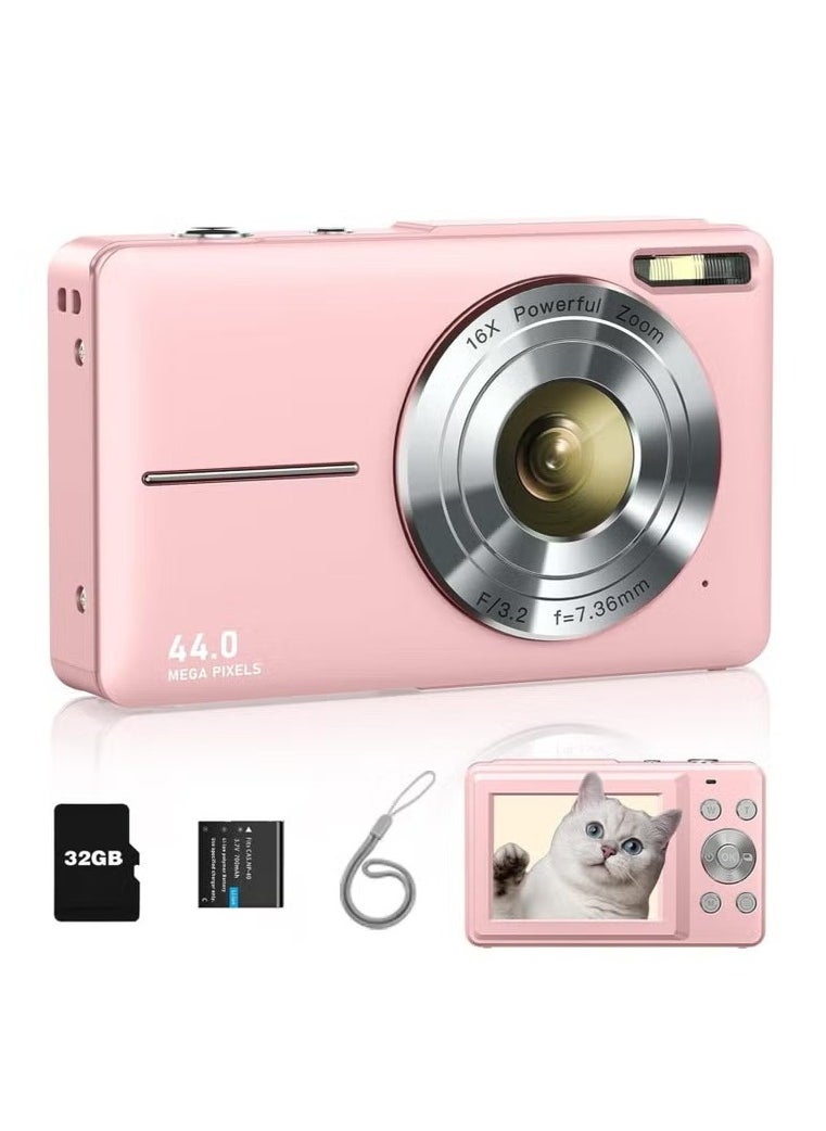 Digital Camera, FHD 1080P Kids Camera, 44MP Point and Shoot Digital Cameras with 32GB Memory Card and Two Batteries, 16X Zoom , Lanyard, Compact Size Camera, Gift for Boys/Girls (Pink)