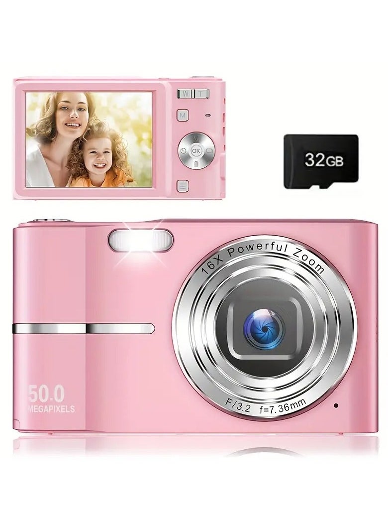 Digital Camera, FHD 1080P Kids Camera, 44MP Point and Shoot Digital Cameras with 32GB Memory Card and Two Batteries, 16X Zoom , Lanyard, Compact Size Camera, Gift for Boys/Girls (Pink)