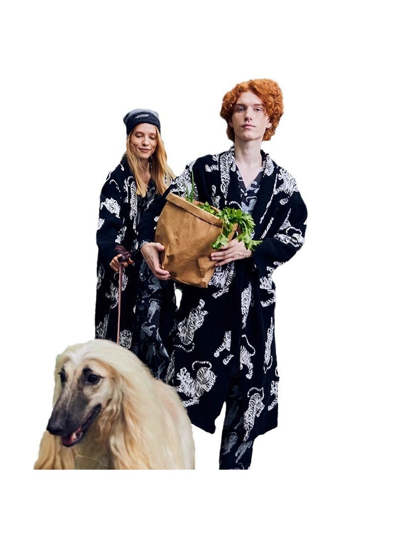 Light Luxury Nightgown for Women and Men Autumn and Winter French Half-side Velvet Woven Pajamas suit Thickened Warm Outer Wearing Home Clothes Black suit