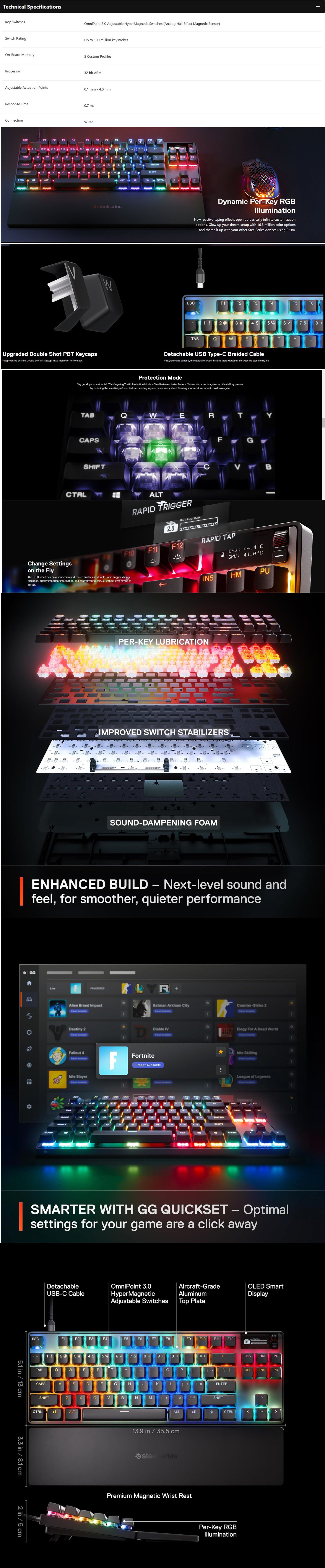 Apex Pro TKL Gen 3 Mechanical Gaming Keyboard, OmniPoint 3.0 Adjustable HyperMagnetic Switches, Double Shot PBT Keycaps, US English Layout, Wired Connectivity | 64740