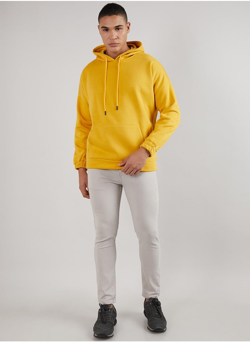 Men's Mustard Yellow Oversized Pullover Sweatshirt With Kangaroo Pocket