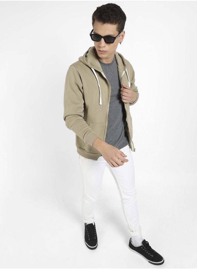 Men's Beige Zip-Front Hoodie With Contrast Drawstring