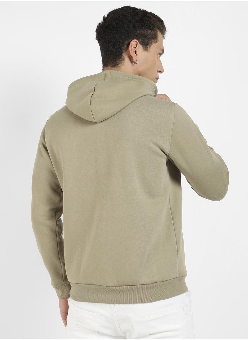 Men's Beige Zip-Front Hoodie With Contrast Drawstring