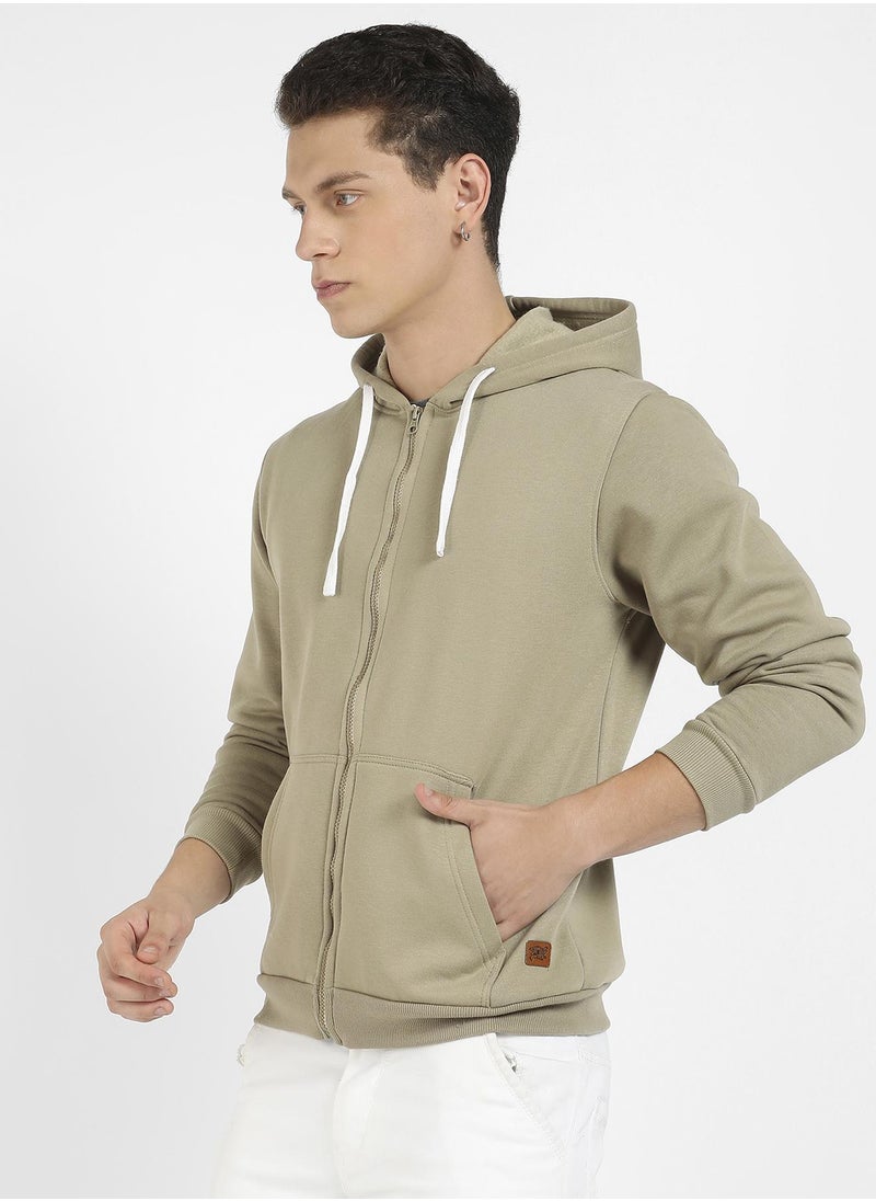 Men's Beige Zip-Front Hoodie With Contrast Drawstring