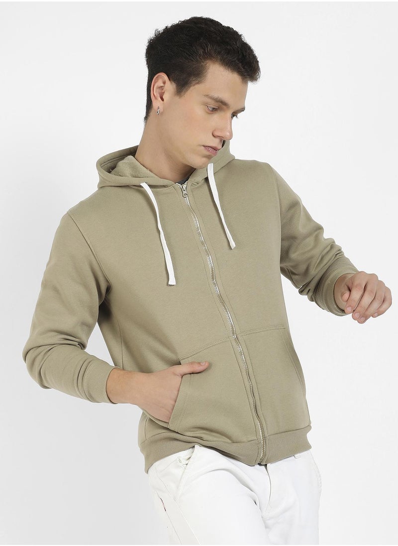 Men's Beige Zip-Front Hoodie With Contrast Drawstring