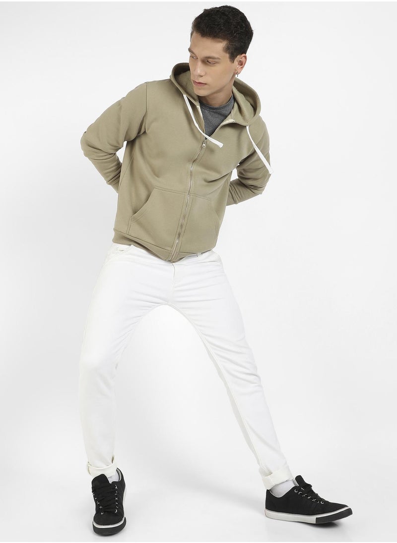 Men's Beige Zip-Front Hoodie With Contrast Drawstring