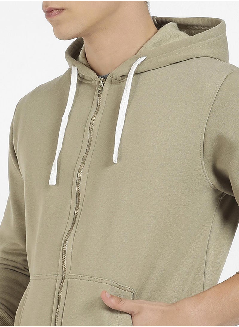 Men's Beige Zip-Front Hoodie With Contrast Drawstring