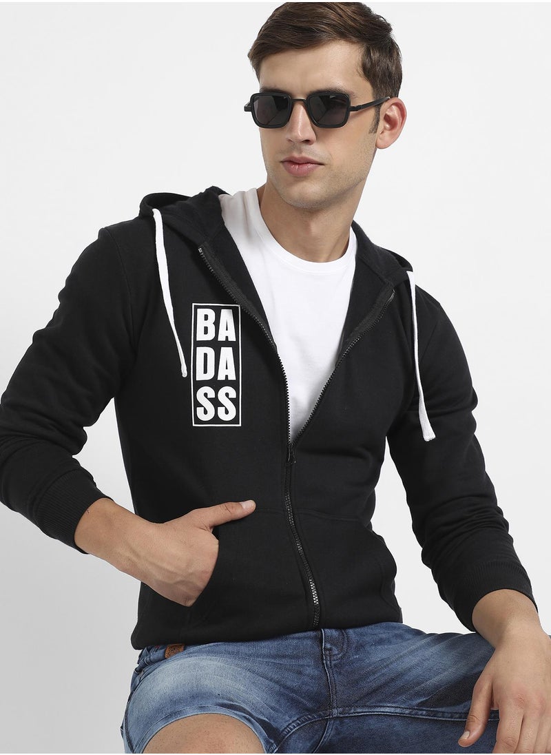Men's Black Zip-Front Typographic Print Hoodie