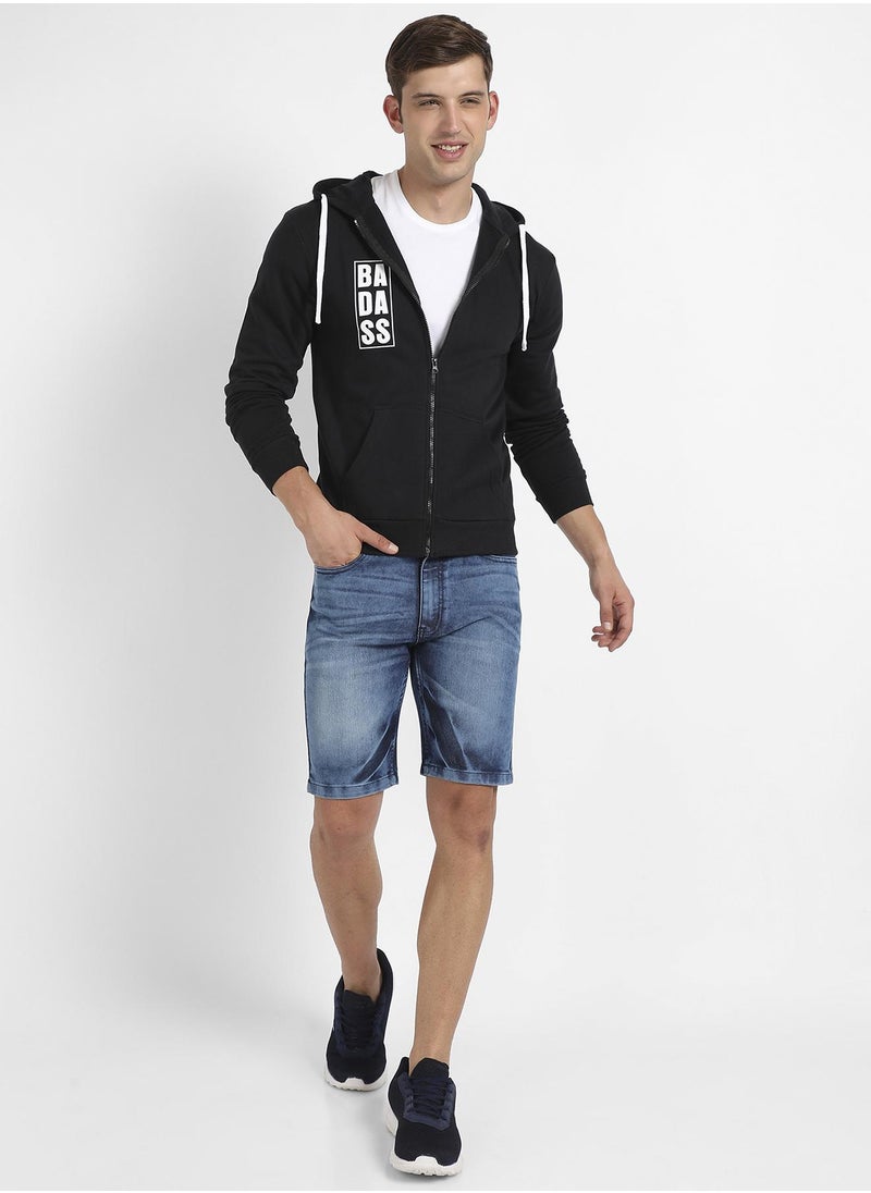 Men's Black Zip-Front Typographic Print Hoodie