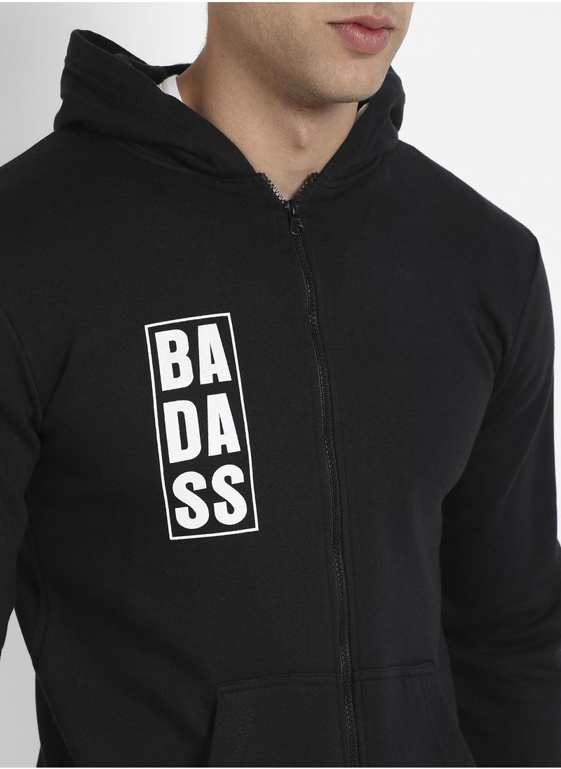 Men's Black Zip-Front Typographic Print Hoodie
