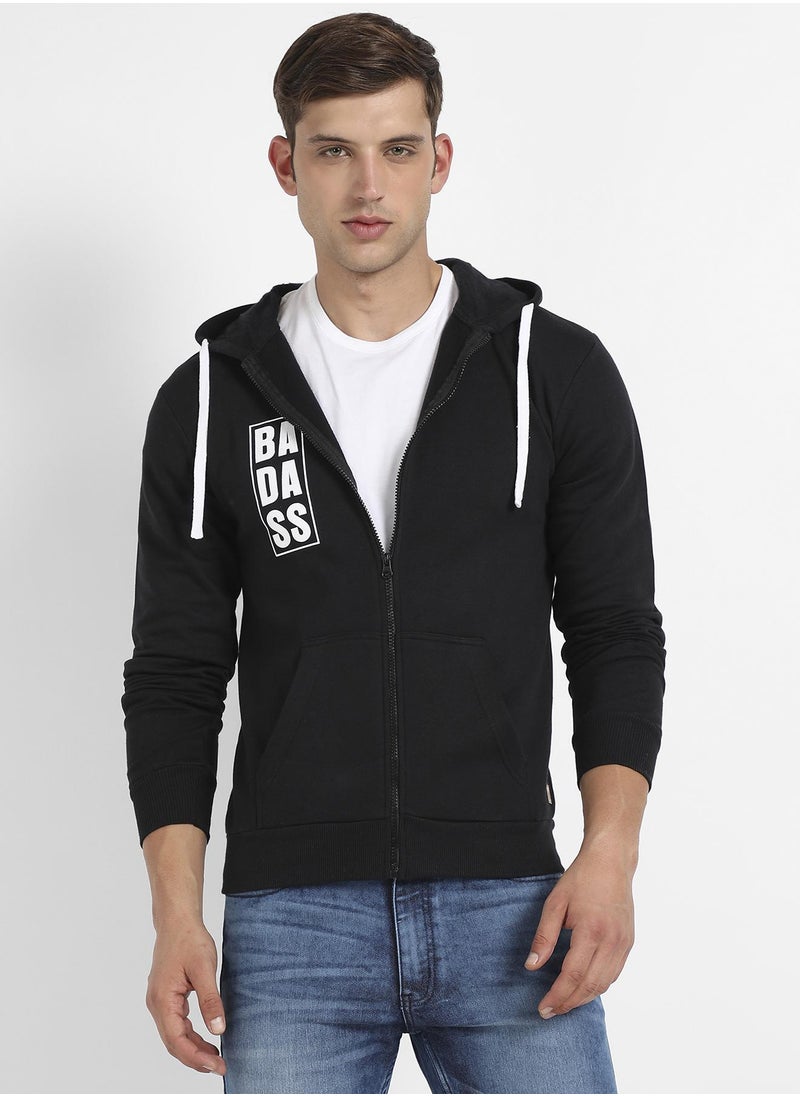 Men's Black Zip-Front Typographic Print Hoodie