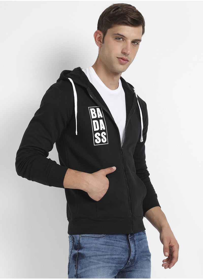 Men's Black Zip-Front Typographic Print Hoodie