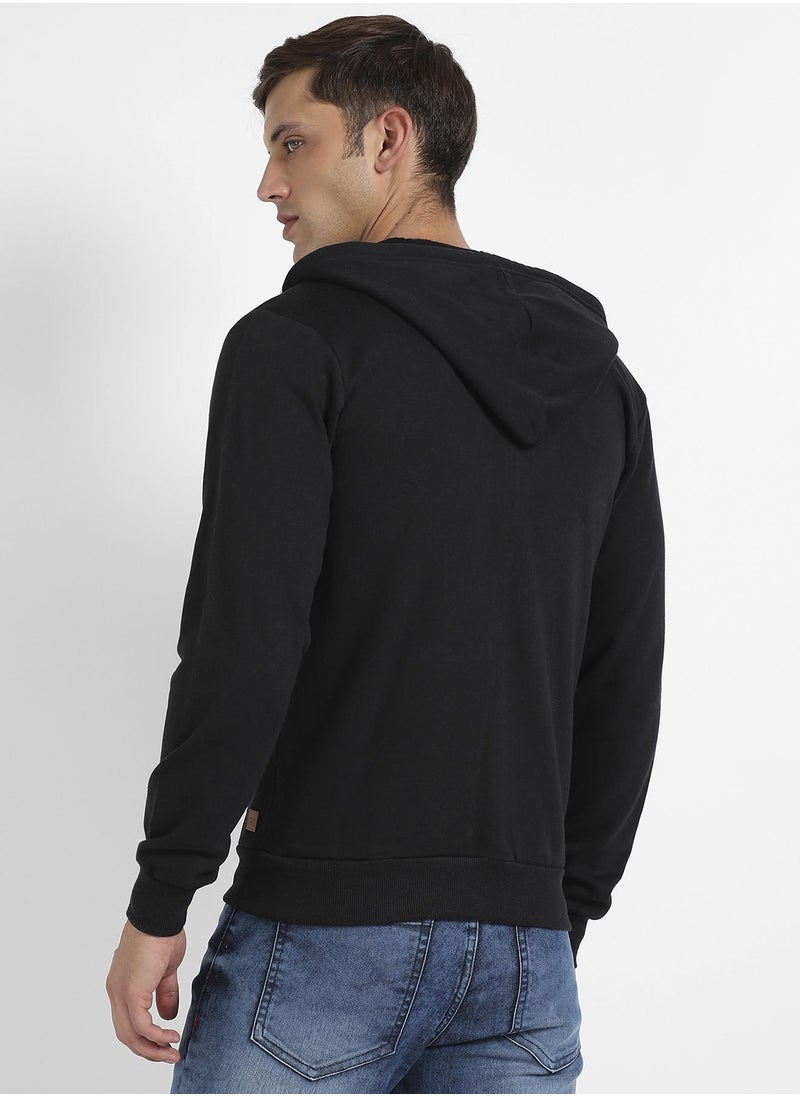 Men's Black Zip-Front Typographic Print Hoodie