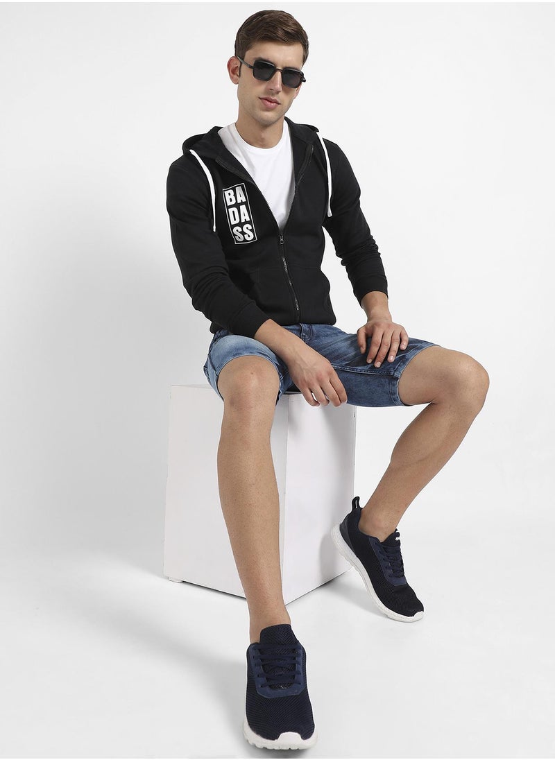 Men's Black Zip-Front Typographic Print Hoodie