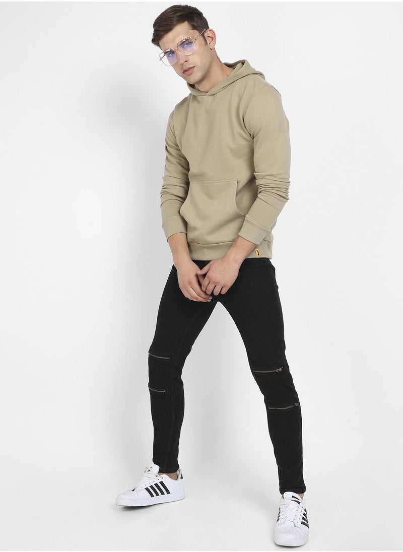 Men's Olive Green Pullover Hoodie With Contrast Drawstring