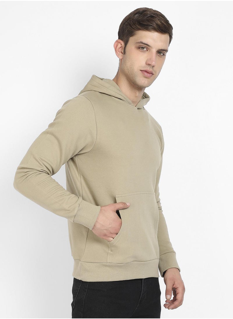 Men's Olive Green Pullover Hoodie With Contrast Drawstring