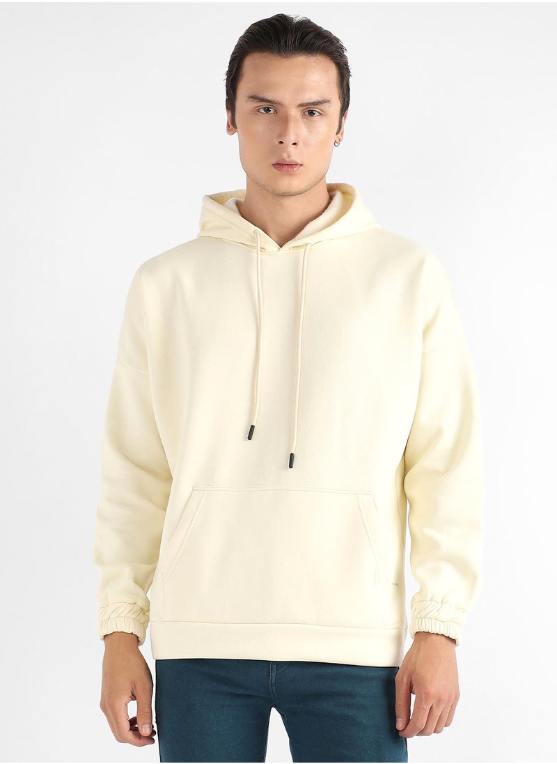 Men's Light Yellow Oversized Pullover Sweatshirt With Kangaroo Pocket