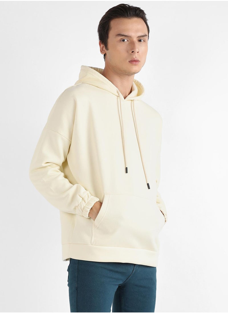 Men's Light Yellow Oversized Pullover Sweatshirt With Kangaroo Pocket