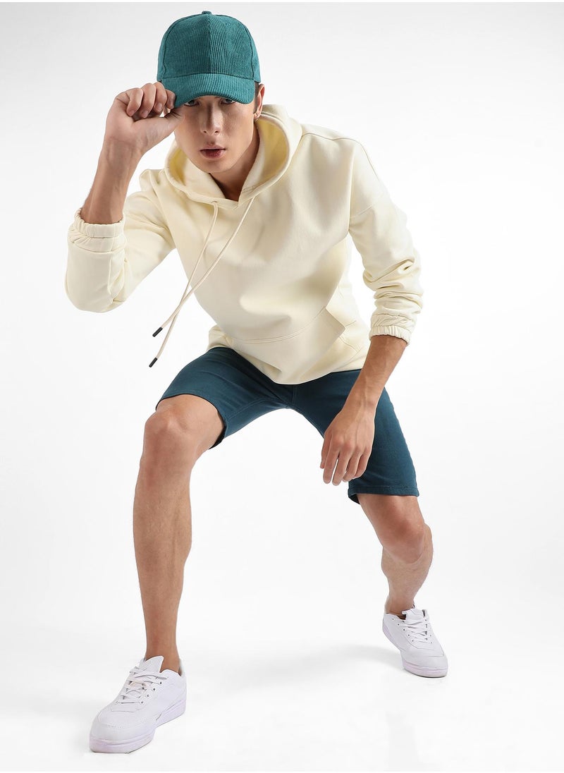 Men's Light Yellow Oversized Pullover Sweatshirt With Kangaroo Pocket
