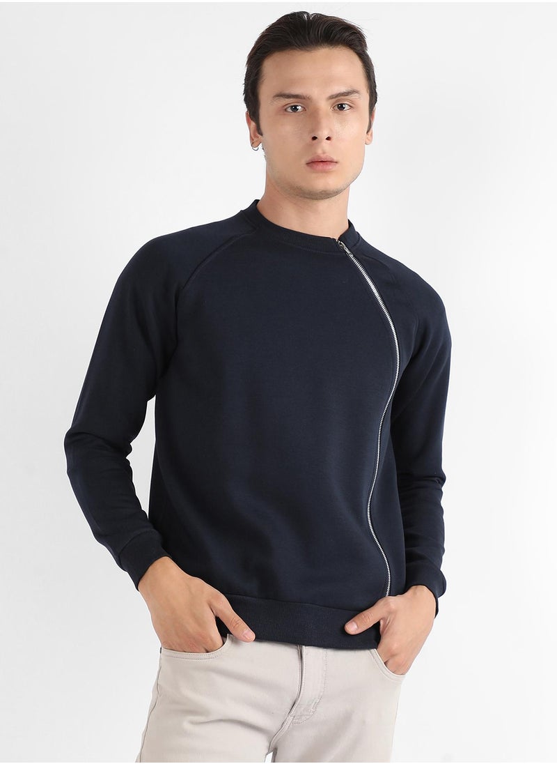 Men's Navy Blue Sweatshirt With Asymmetriclal Zip