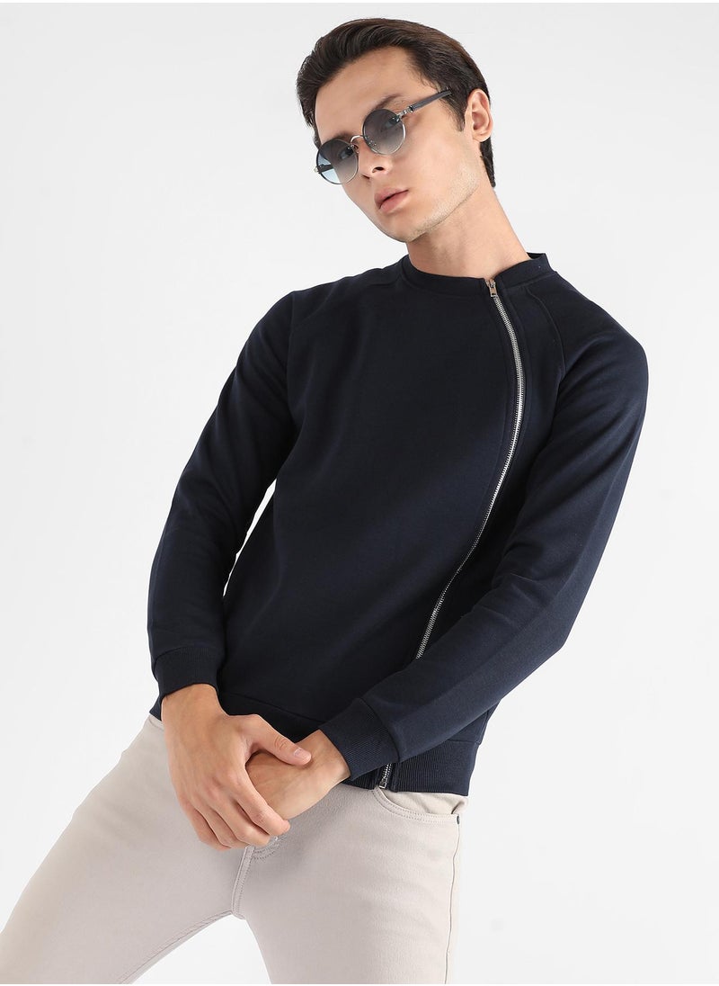 Men's Navy Blue Sweatshirt With Asymmetriclal Zip