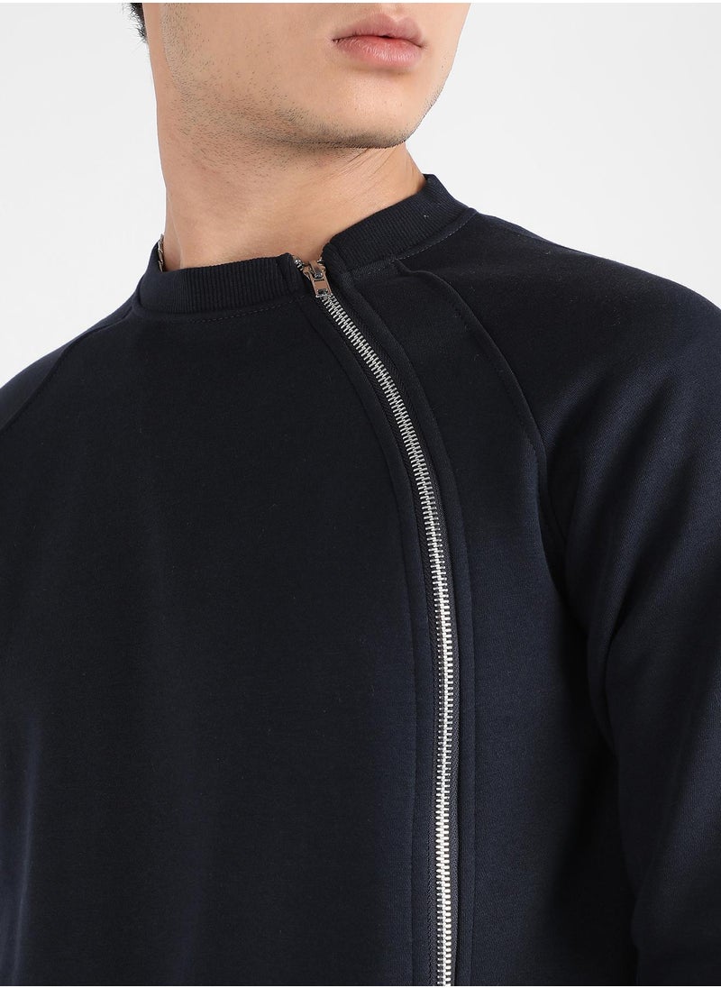 Men's Navy Blue Sweatshirt With Asymmetriclal Zip