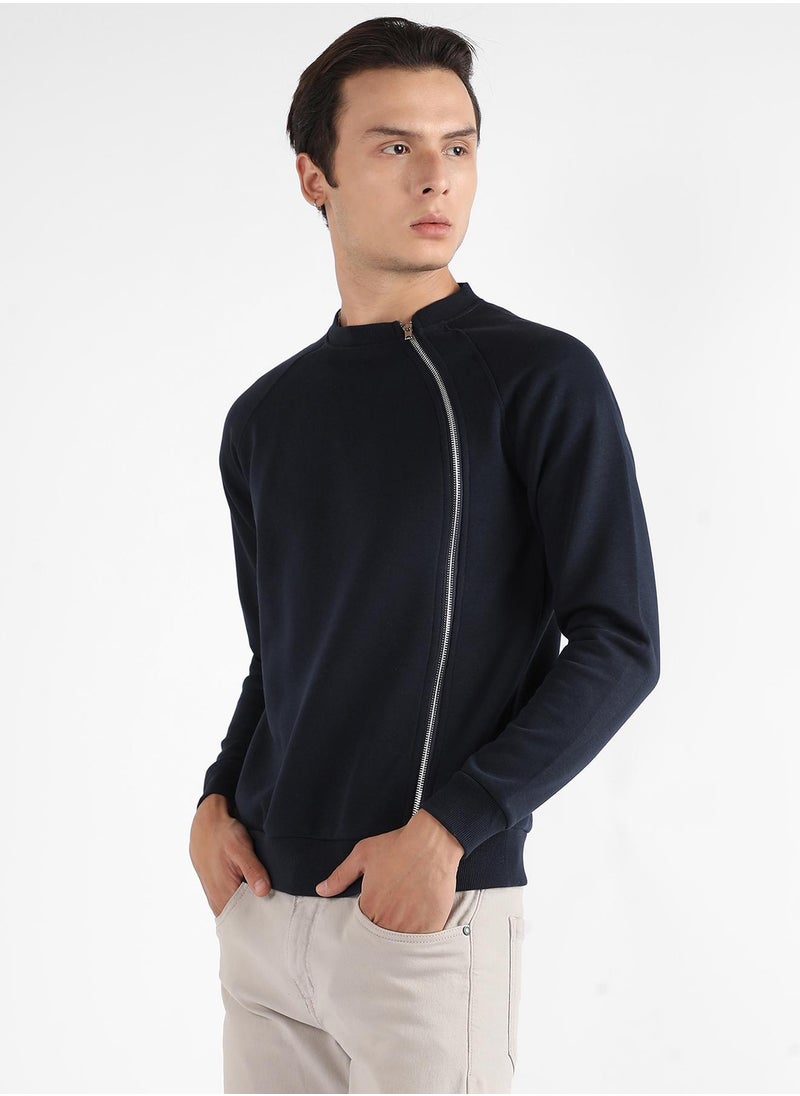 Men's Navy Blue Sweatshirt With Asymmetriclal Zip