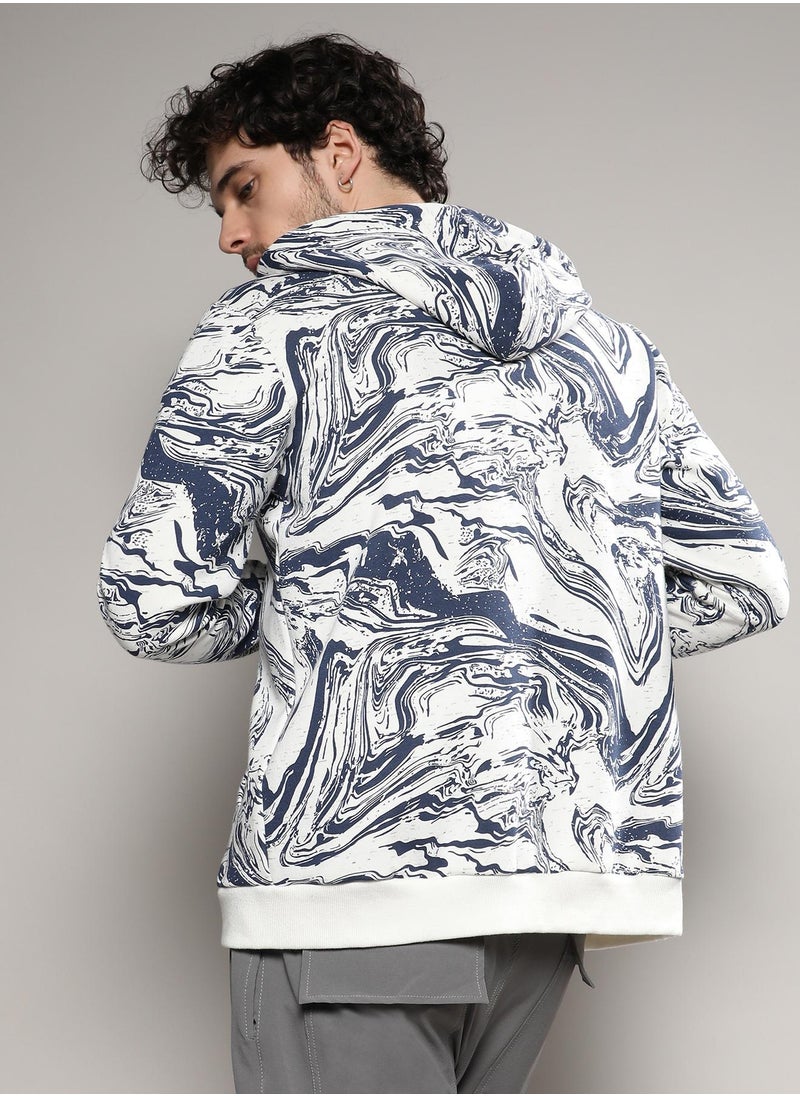Men's White & Indigo Blue Contrast Fluid Zip Front Hoodie