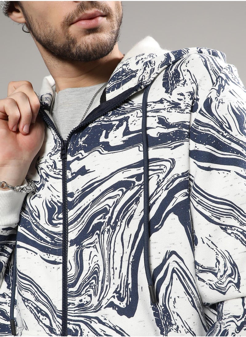 Men's White & Indigo Blue Contrast Fluid Zip Front Hoodie