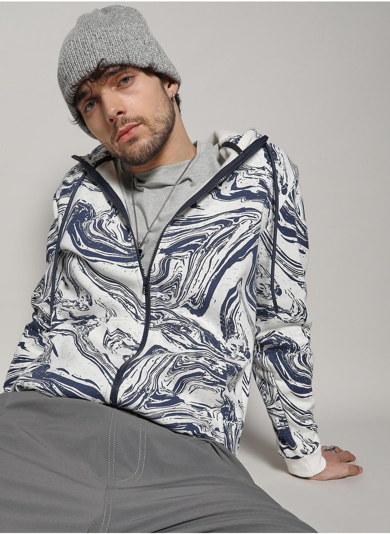 Men's White & Indigo Blue Contrast Fluid Zip Front Hoodie