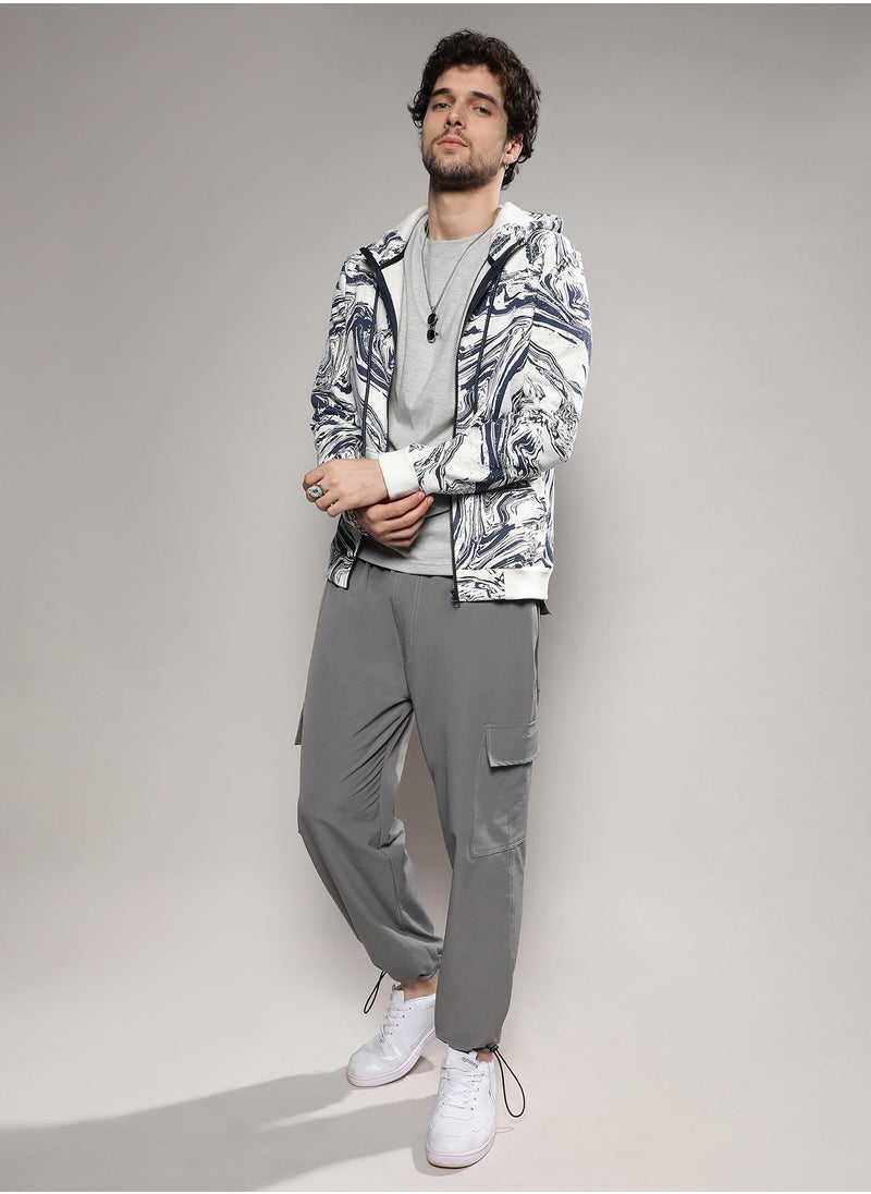 Men's White & Indigo Blue Contrast Fluid Zip Front Hoodie