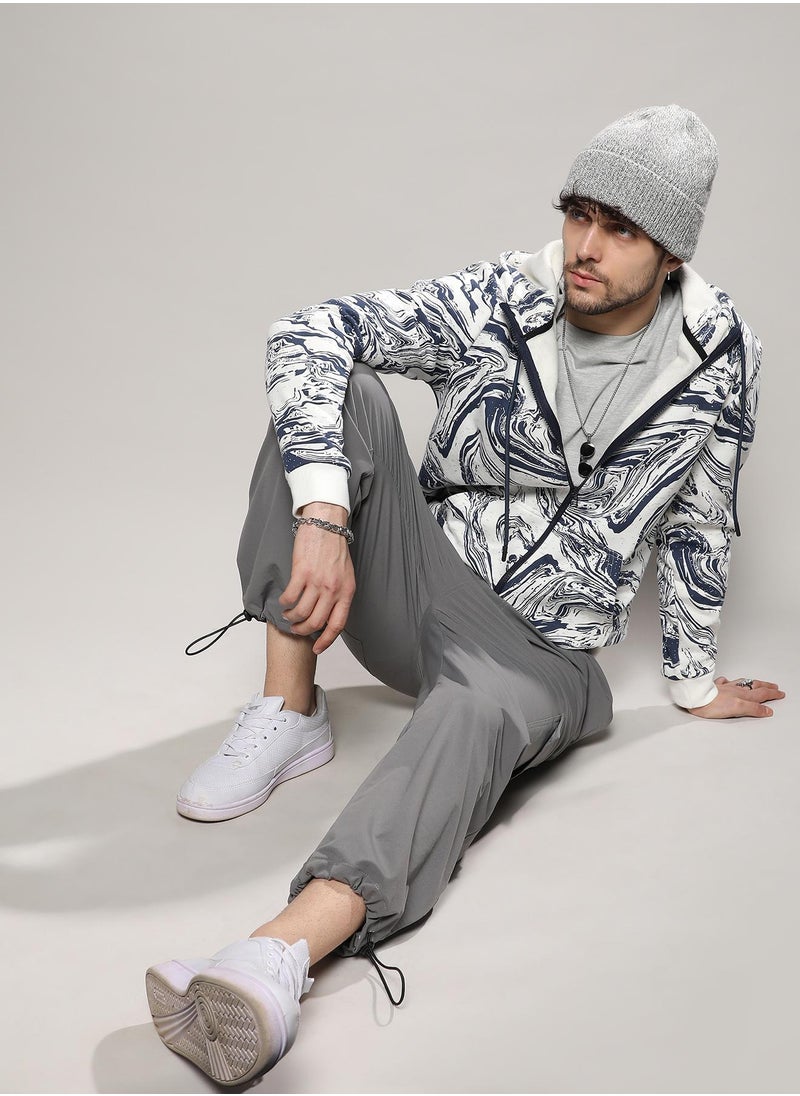 Men's White & Indigo Blue Contrast Fluid Zip Front Hoodie