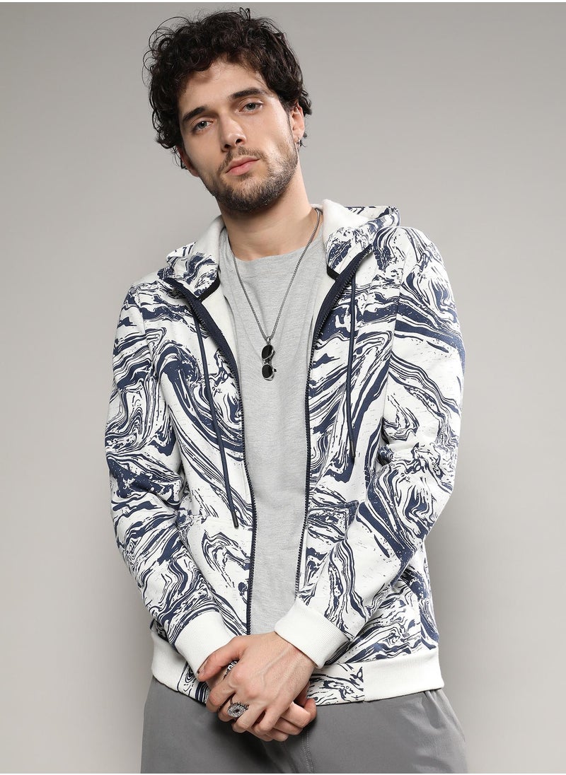 Men's White & Indigo Blue Contrast Fluid Zip Front Hoodie