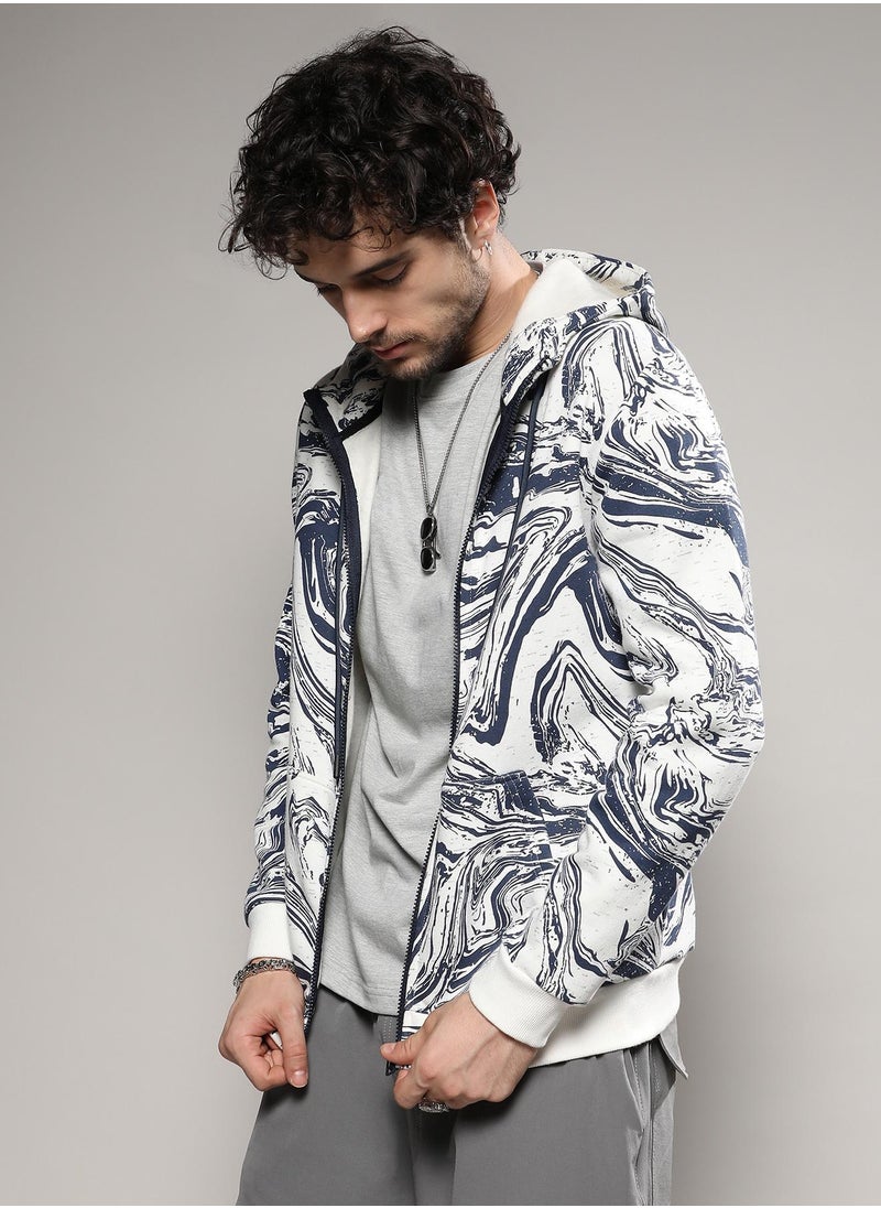 Men's White & Indigo Blue Contrast Fluid Zip Front Hoodie