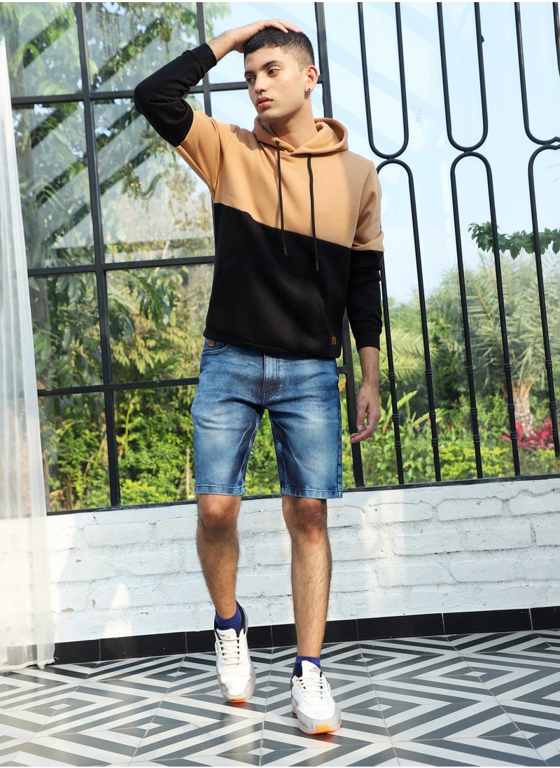 Men's Black & Brown Pullover Hoodie With Ribbed Hem