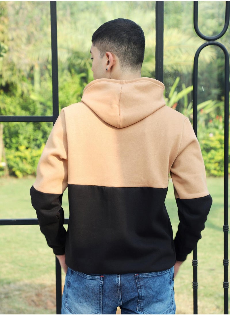 Men's Black & Brown Pullover Hoodie With Ribbed Hem