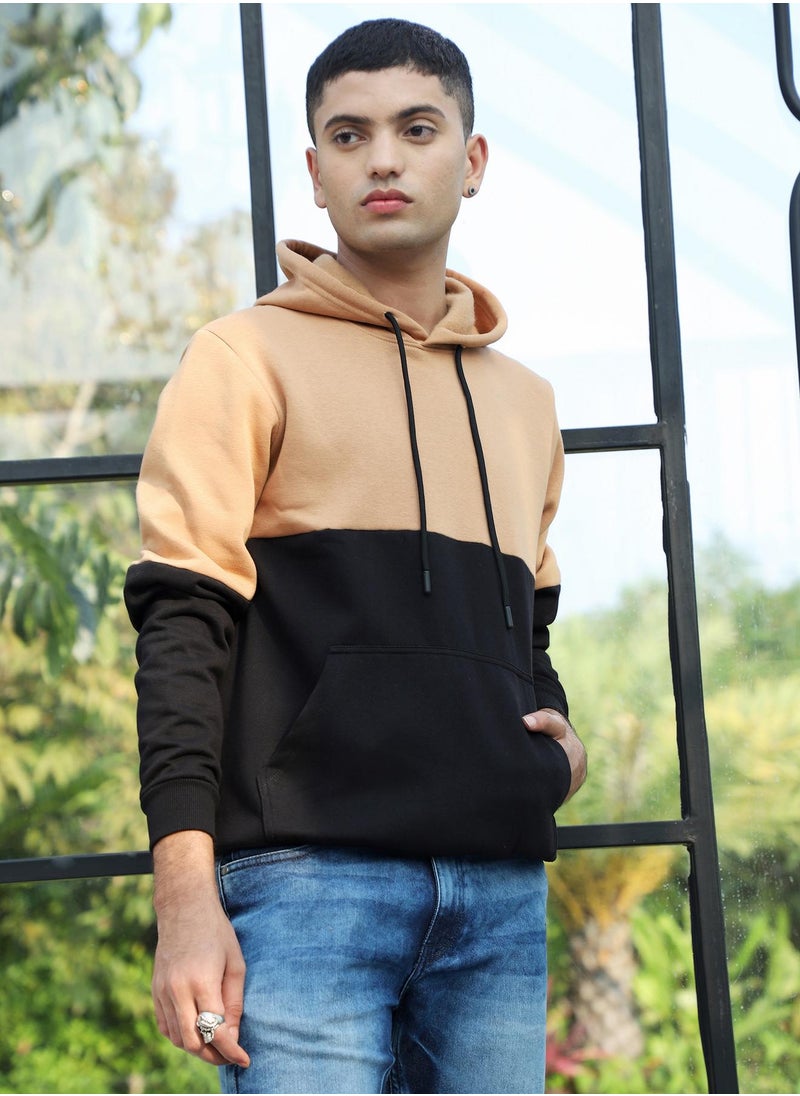 Men's Black & Brown Pullover Hoodie With Ribbed Hem