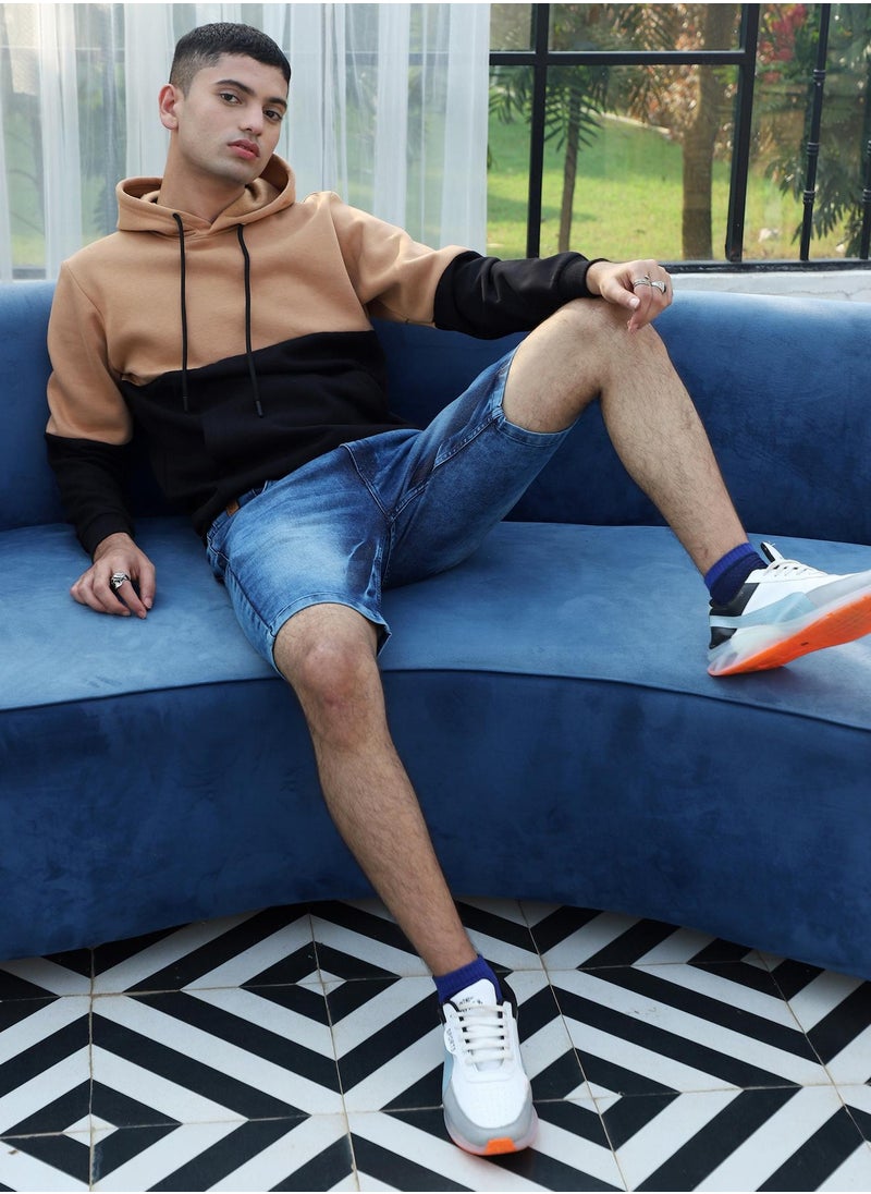 Men's Black & Brown Pullover Hoodie With Ribbed Hem
