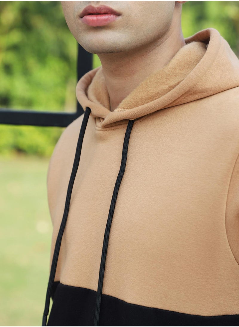 Men's Black & Brown Pullover Hoodie With Ribbed Hem