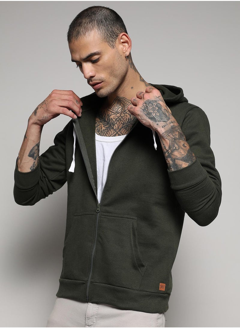 Men's Forest Green Zip-Front Hoodie With Contrast Drawstring