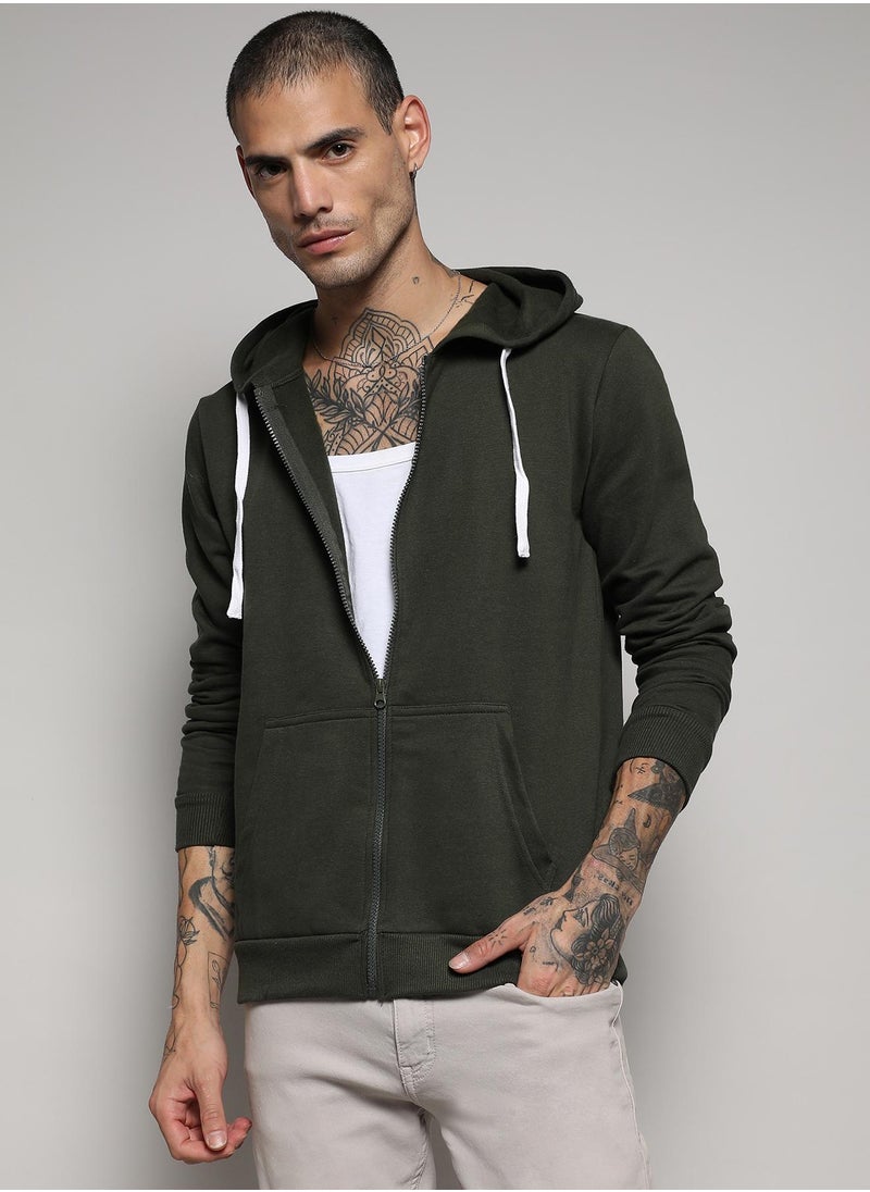 Men's Forest Green Zip-Front Hoodie With Contrast Drawstring